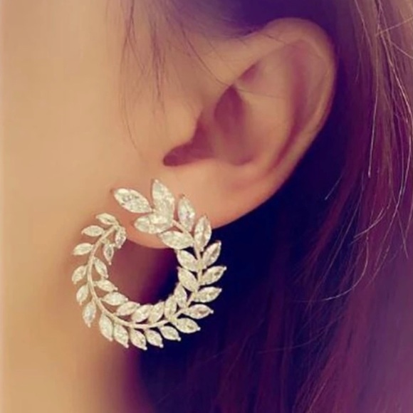 White Sapphire Silver Leaf Hoop Earrings - Picture 2 of 4